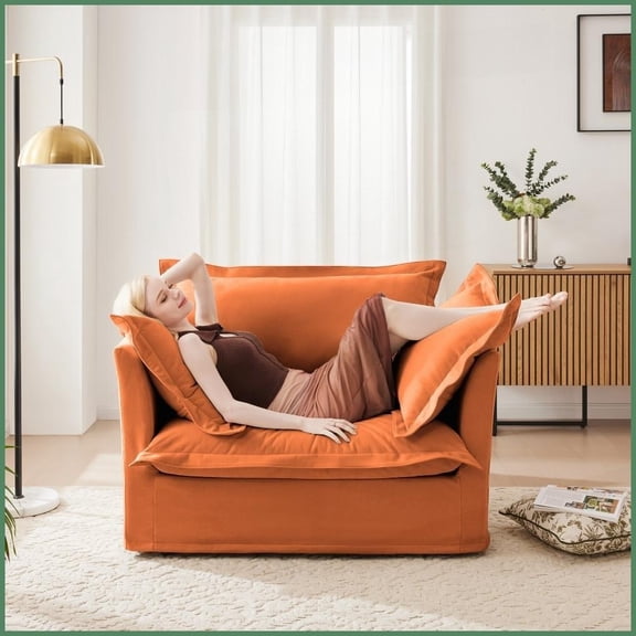 Modern Chenille Single Armchair - Deep Seat Accent Chair with Removable Cover & 3 Pillows for Living Room/Bedroom