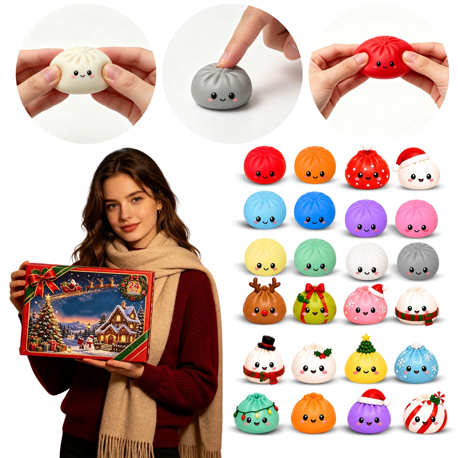 Dumpling Squishy Toy Christmas Advent Calendar Days Countdown with 3D Bun Toys Surprise for Kids Soft Squeeze Stress Relief Party Favors Stocking Stuffers