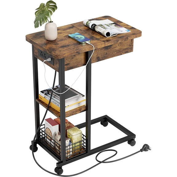 C Shaped End Table with Charging Station, Flip Top Sofa Side Table with USB Ports and Outlets for Living Room & Bedroom, Narrow End Table with 3 Tier Storage Shelf - Rustic Brown