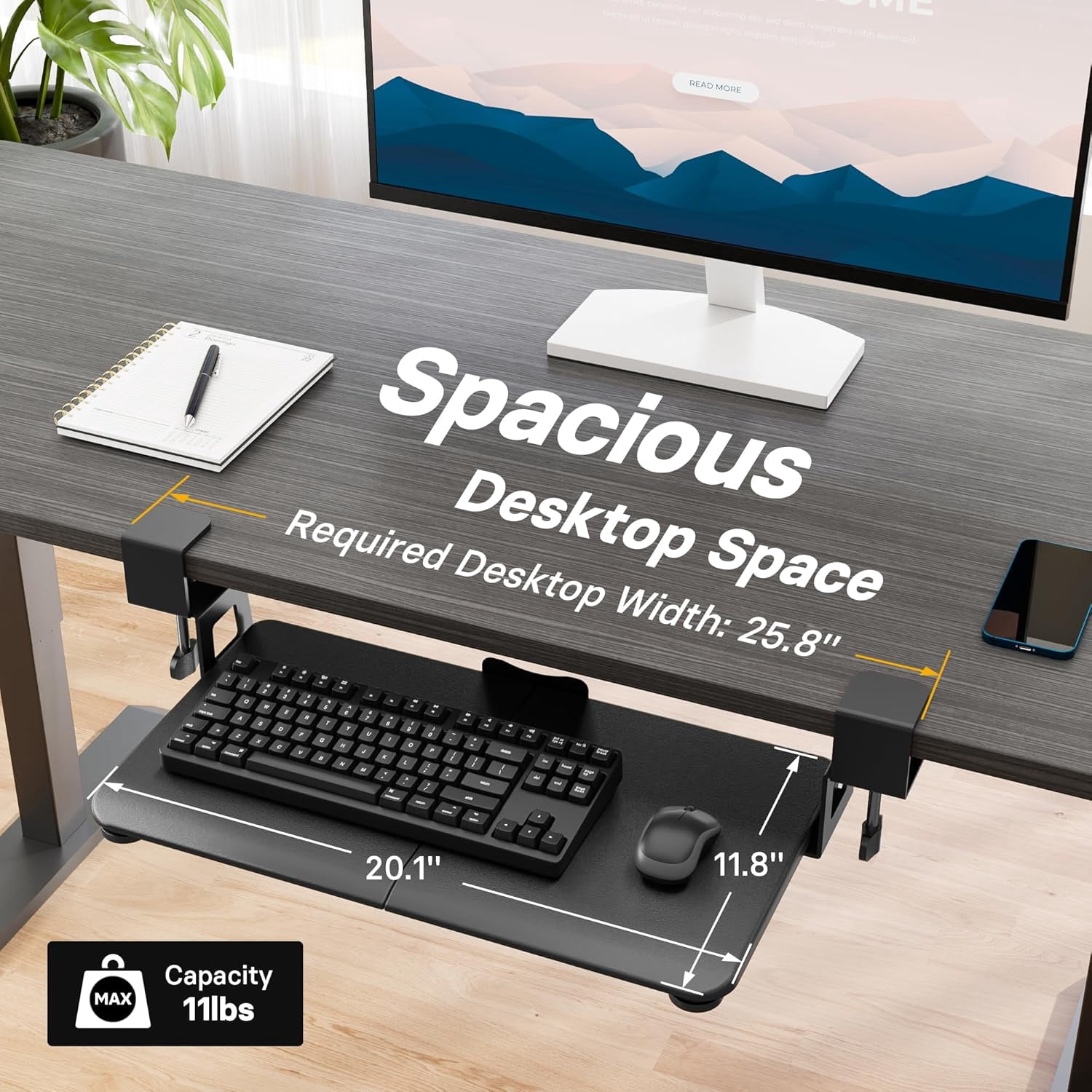 Under Desk Keyboard Tray - 20x11.8 Inch Ergonomic Slide-Out Platform with C-Clamp for Home Office & Gaming, Black Space-Saving Drawer