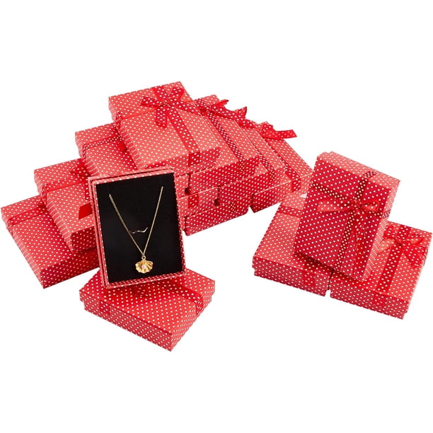 12 cajas de regalo de papel rojo para anillos, pendientes, joyas, collares, caja cuadrada de cartón con lazos y esponja.