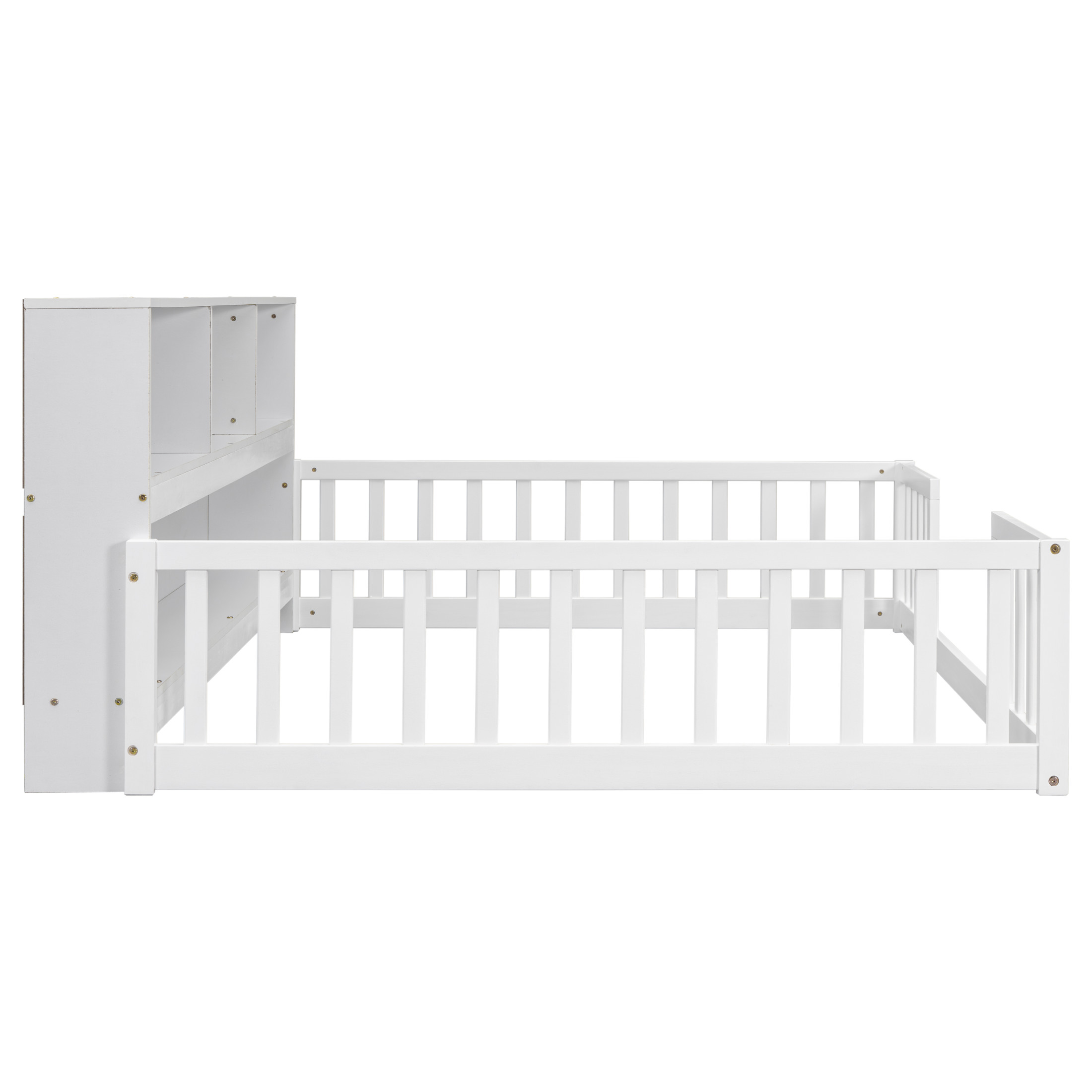 Noble House Lester Full Size Floor Bed, Pine Wood Frame with Side Bookcase, Shelves, and Guardrails for Kids, White