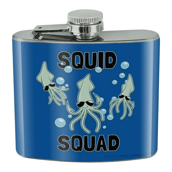 Squid Squad Ocean Aquatic Funny Humor Stainless Steel 5oz Hip Drink Kidney Flask