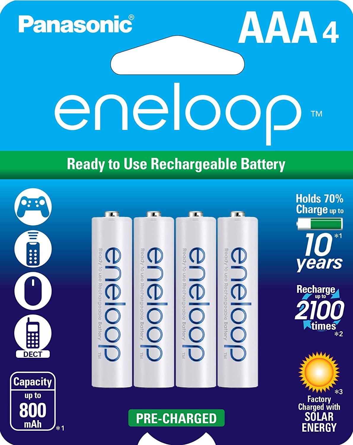 Panasonic BK-4MCCA4BA eneloop AAA 2100 Cycle Ni-MH Pre-Charged Rechargeable Batteries, Pack of 4