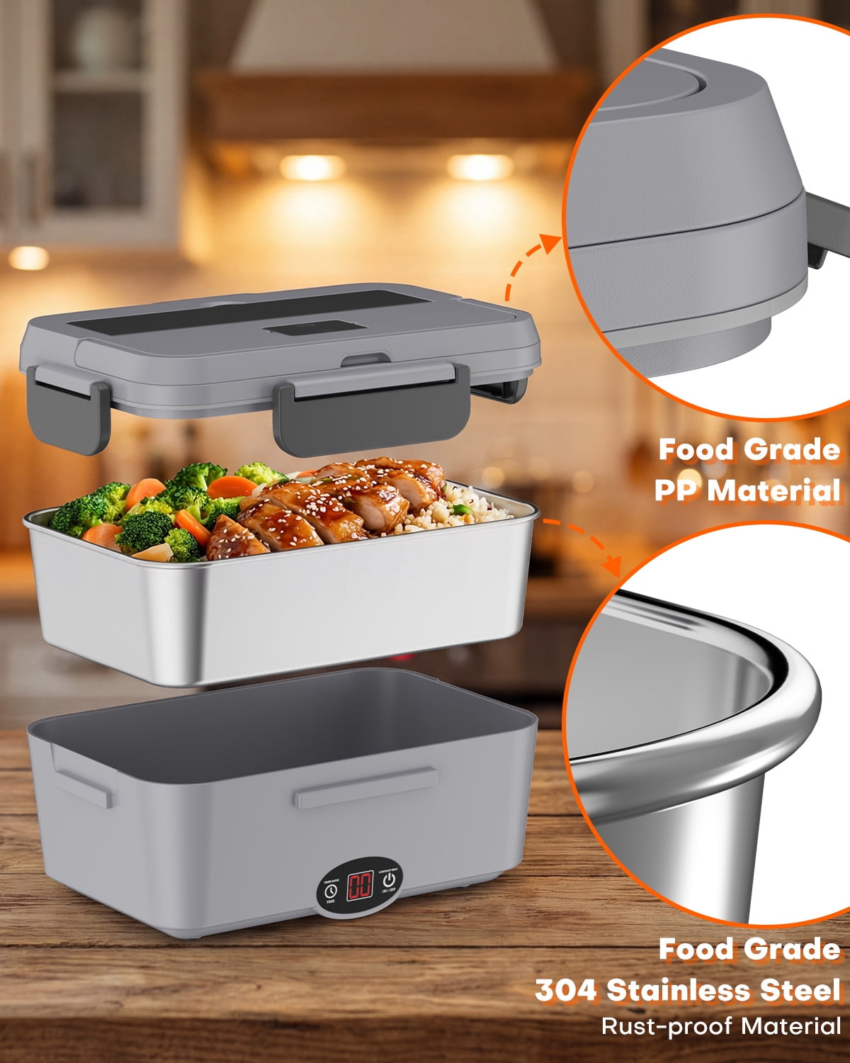 Sitlais 1.8L Electric Lunch Box with Timer, Portable Food Heater with Stainless Steel Container, Leakproof Heated Lunch Box for Work, Office & Travel