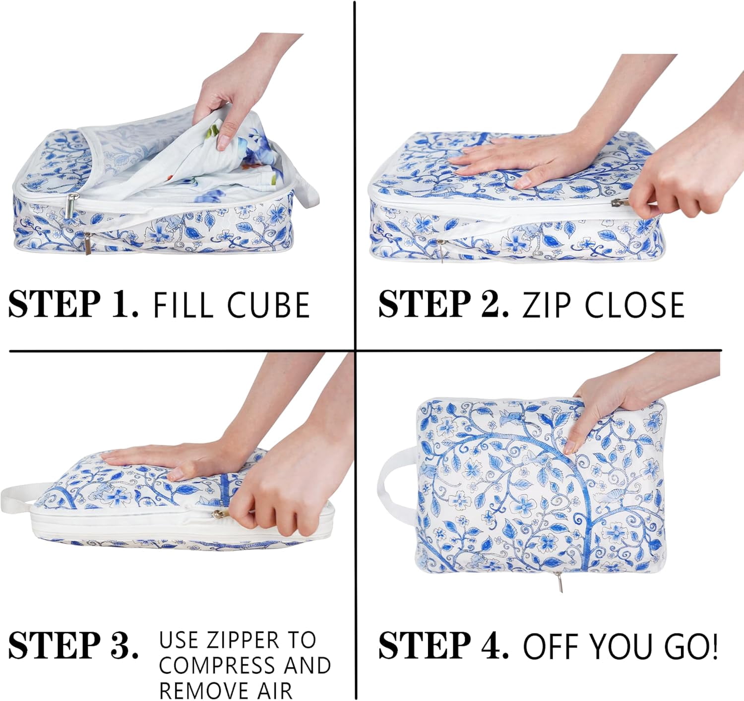 Compression Packing Cubes for Suitcases, 8 Set Travel Luggage Organizer Bags, Lightweight Waterproof Smell Proof Blue Pottery & Paisley Packing Cubes as Travel Accessories for Women