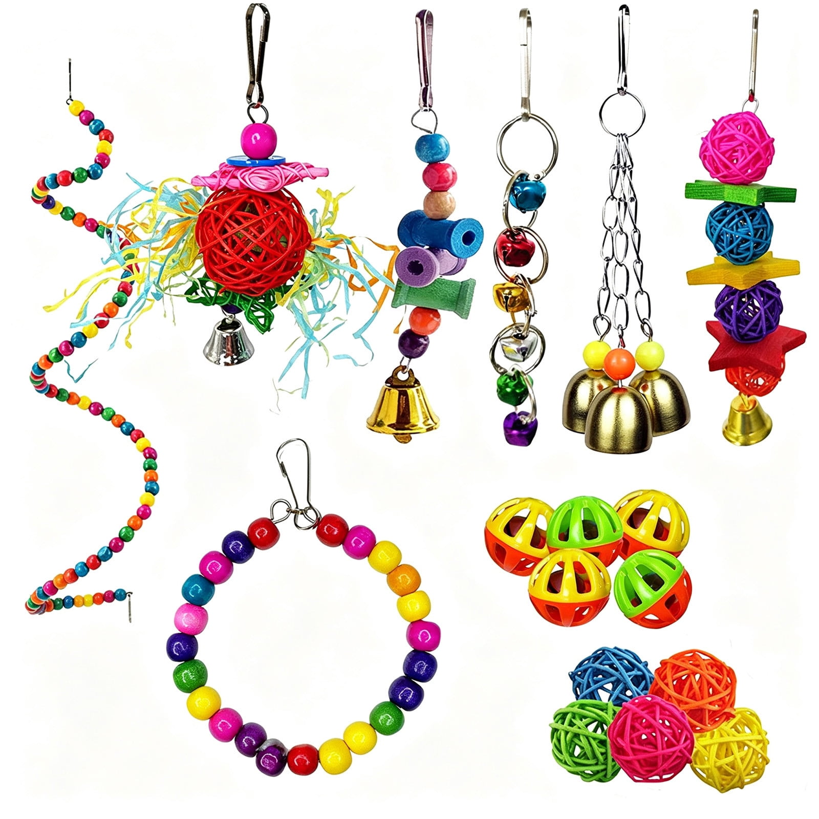 Bird Cage Toy Set B with Wooden Swing Ladder Chew Blocks Rattan Balls and Bells for Parakeets Cockatiels and Small to Medium Birds