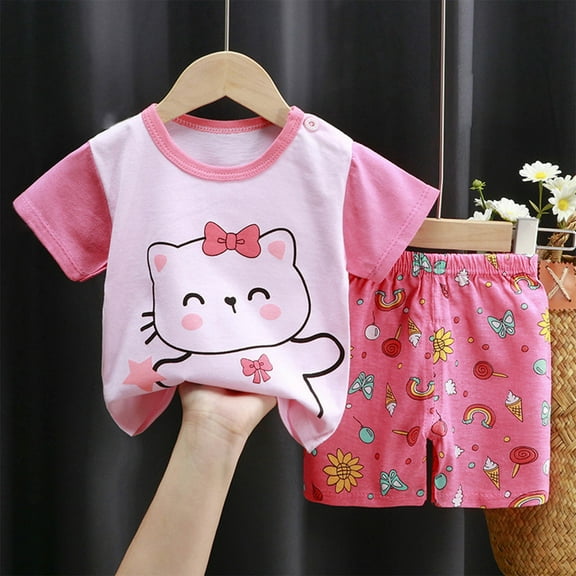 Nrmvnmi Toddler Girls Summer Casual Suit Cartoon Cat Print Short Sleeve Round Neck T-shirt Elastic Waist Shorts 2 Pcs Casual Cotton Set Soft Comfy Loungewear