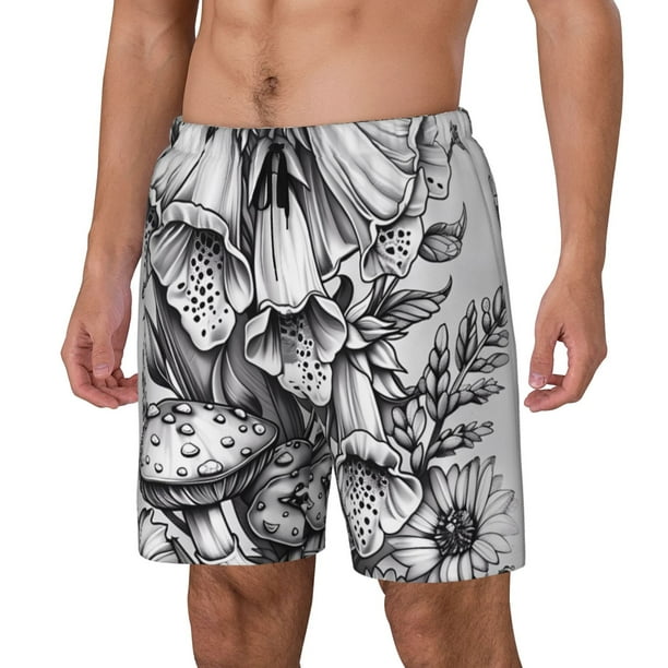 Balery Monochrome Botanical Illustration Bañador para hombre, shorts de playa de secado rápido con entrepierna y forro de compresión-X-Large