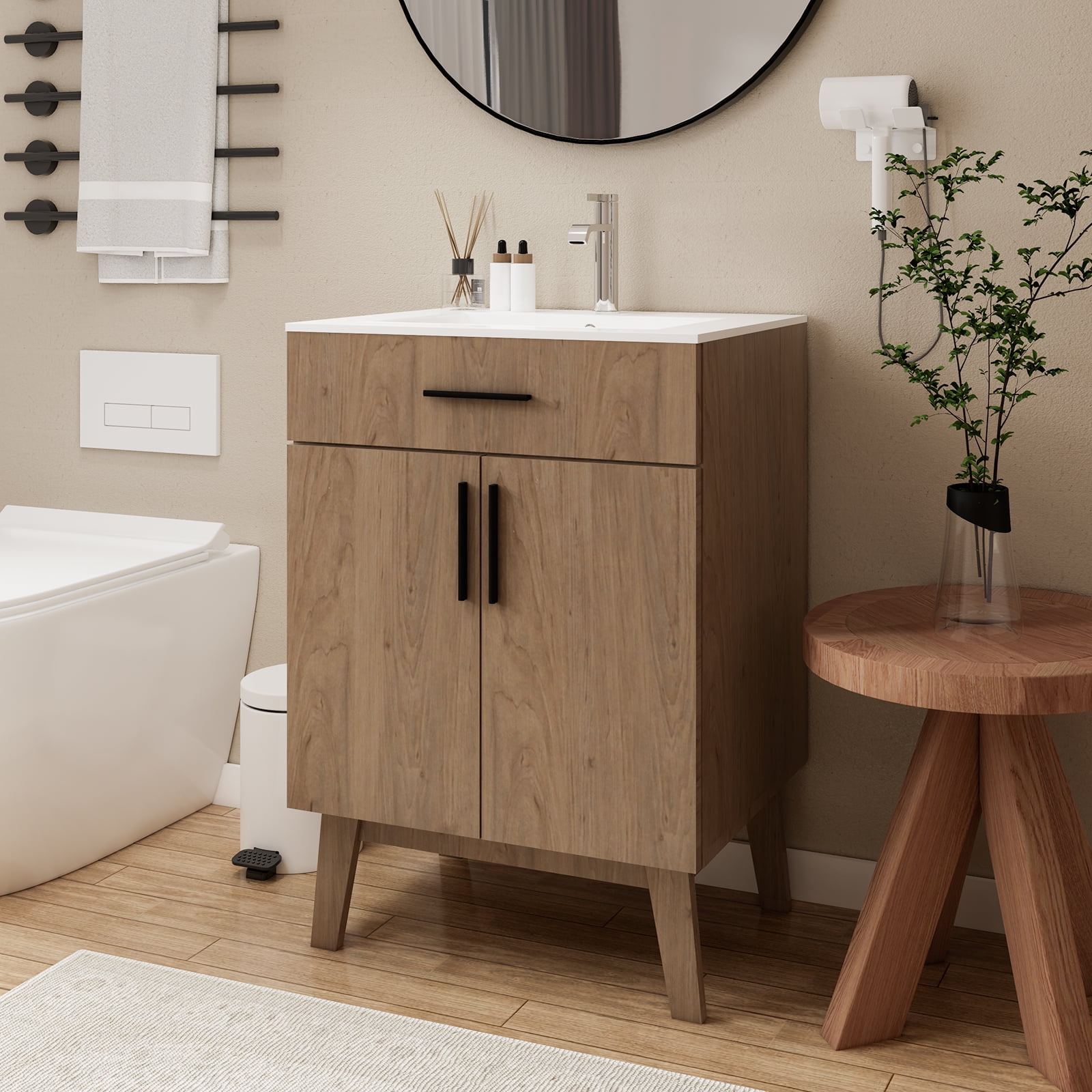 24" Bathroom Vanity with Sink, Vanity Combo with Two Soft Close Cabinet Doors, Modern Single Bathroom Cabinet Set with Metal Handles (Brown with Sink, 24)