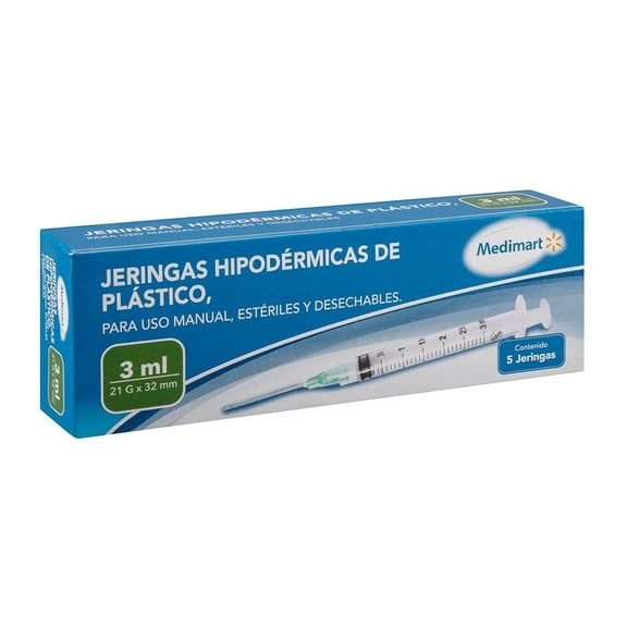 Jeringas hipodérmicas Medimart de plástico 21 G x 32 mm 5 pzas de 3 ml