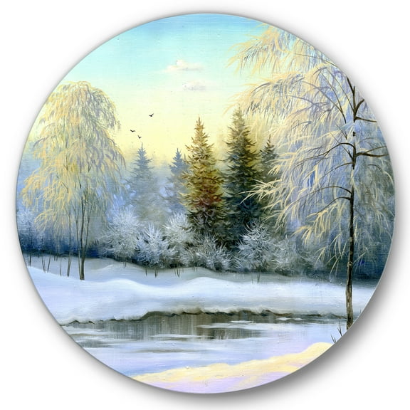 Designart 'Green Trees In Beautiful Winter Snow Landscape' Traditional Circle Metal Wall Art 36x36 - Disc of 36