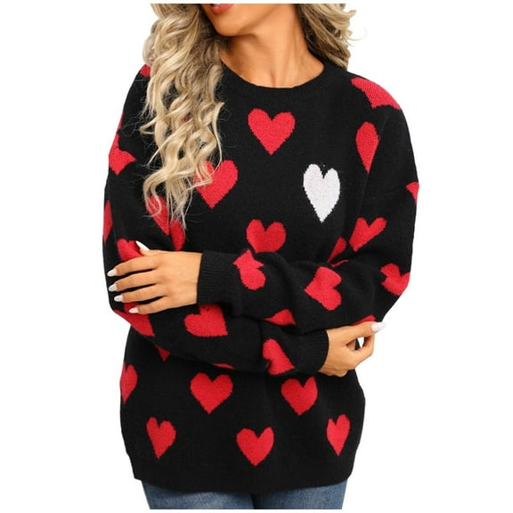 Fengactive Heart Sweater for Women Valentines Cute Print Crewneck Long Sleeve Oversized Sweaters Knit Pullover Tops