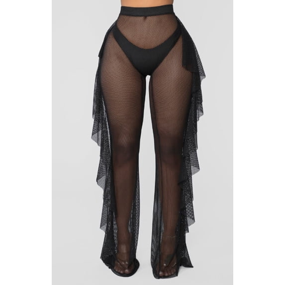 Women´s See Through Mesh Pants Transparent Ruffles Pants Long Bottom Cover Up Solid Long Trousers Summer Beach