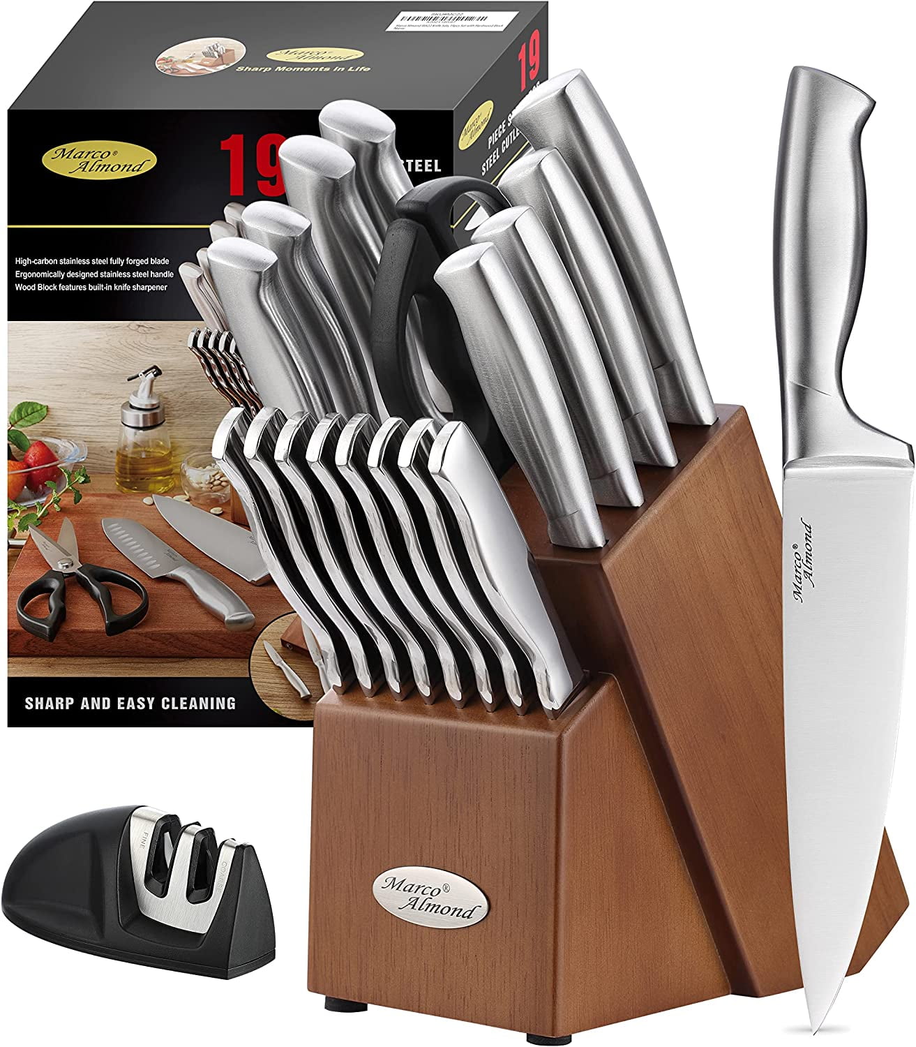Marco Almond Kya28 14-Piece Stainless Steel Cutlery Kitchen Knife Set with Block,Built-in Sharpener, Silver