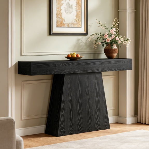 Fnova 63" Farmhouse Console Table, Narrow Wooden Entryway Table, Geometric Base Sofa Table for Living Room, Hallway, Black