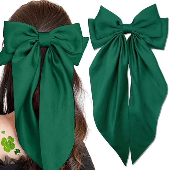 BZCOE Green Bow Hair Clips St. Patrick'S Day Bow Barrettes Long Ribbon Big Bowknot Hairpins Satin Girls Bows Carnival Party School Cute St. Patrick'S Day Hair Accessories for Women Teen Girls