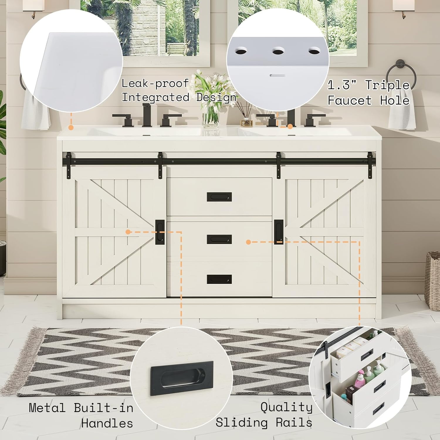 Amerlife 61" Farmhouse Double Bathroom Vanity with Sink Combo, Dual Basin Bathroom Storage Cabinet with Sliding Barn Doors & Drawers, White