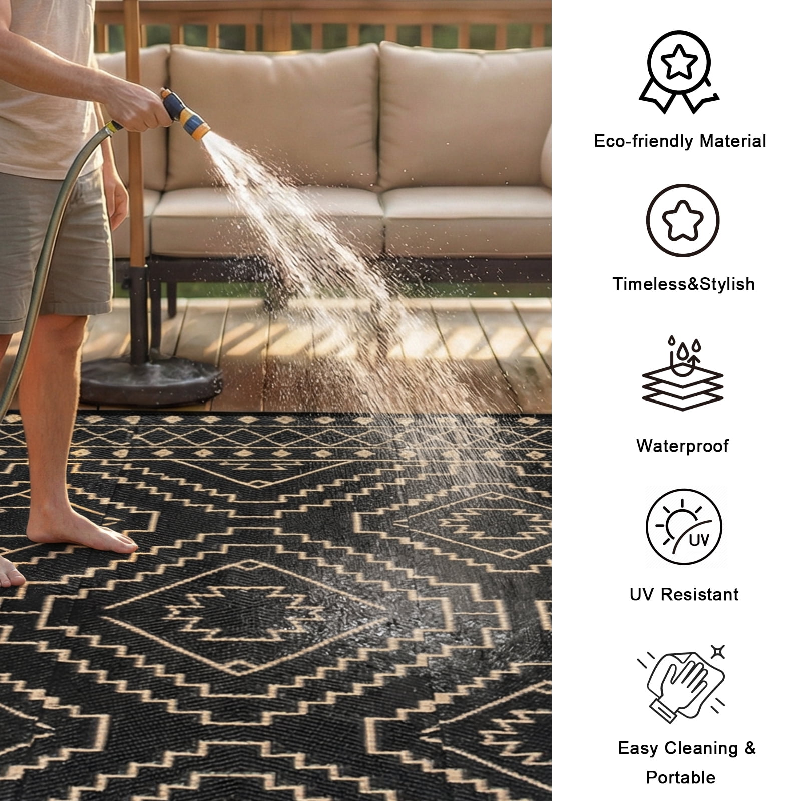 Lahome Waterproof Outdoor Rug 6x9, Reversible Plastic Straw Patio Mat - Moroccan Design for Backyard, Balcony, Garden, Deck, RV Camping, Black & Beige