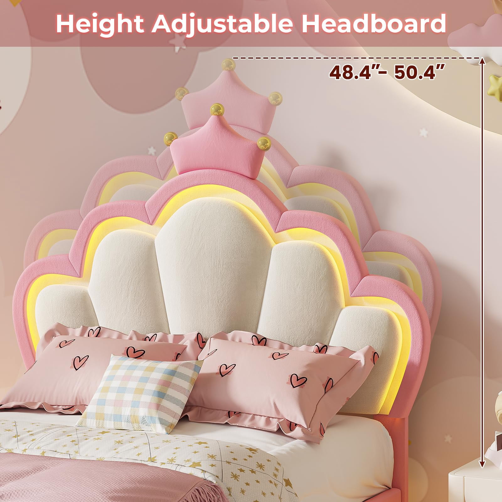 Afuhokles Twin Size Bed Frame with LED Lights and Princess Crown, LED Velvet Upholstered Platform Bed Frame with Adjustable Headboard, Pink