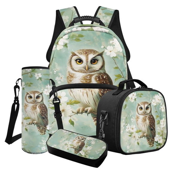 ZUXONGSY Cherry Blossom Owl Print School Bag and Lunch Box Set Kids Backpack Purse for Girls Boys Middle School Bookbag with Pencil Case and Water Bottle Holder Schoolbags Rucksack