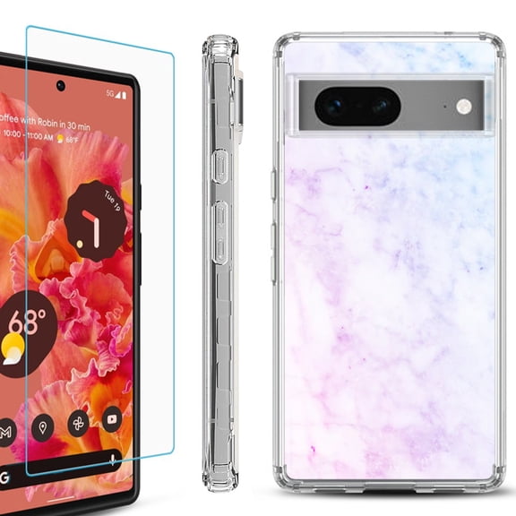 OneToughShield ® for Google Pixel 7a Shockproof Bumper Phone Case, with Tempered Glass Screen Protector - Marble Pink/Blue