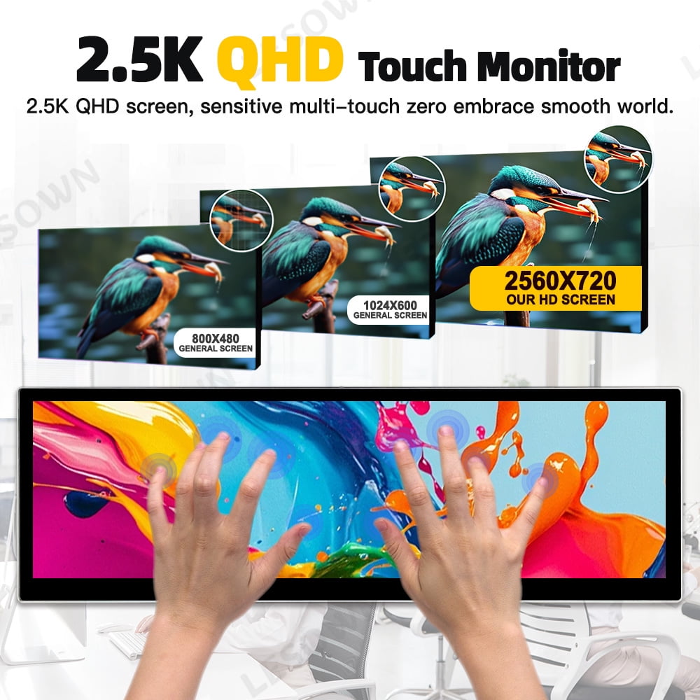 LESOWN 2.5K 14.5-inch Portable Monitor HDMI Dual Type-C Long Strip Touchscreen 2560×720 IPS 10-point Touch Stereo Speakers Laptop Secondary Screen for Raspberry Pi 5 Windows 11 Linux Plug & Play