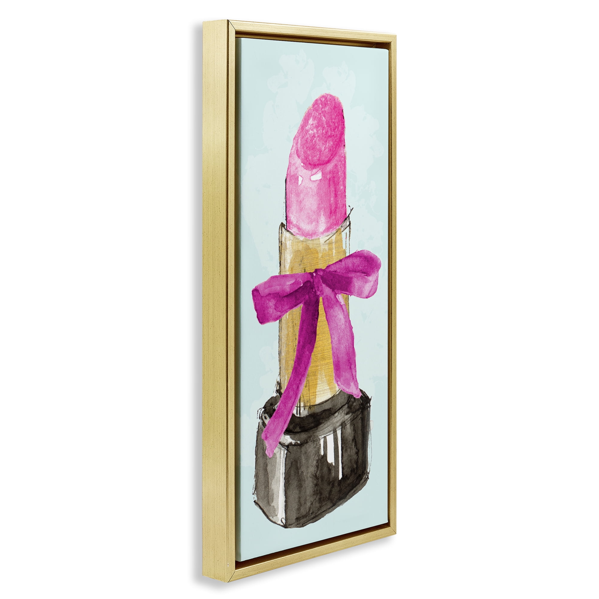 Stupell Industries Lipstick & Pink Bow Fashion Painting Gold Floater Framed Canvas Art Print Wall Art, 11 x 25