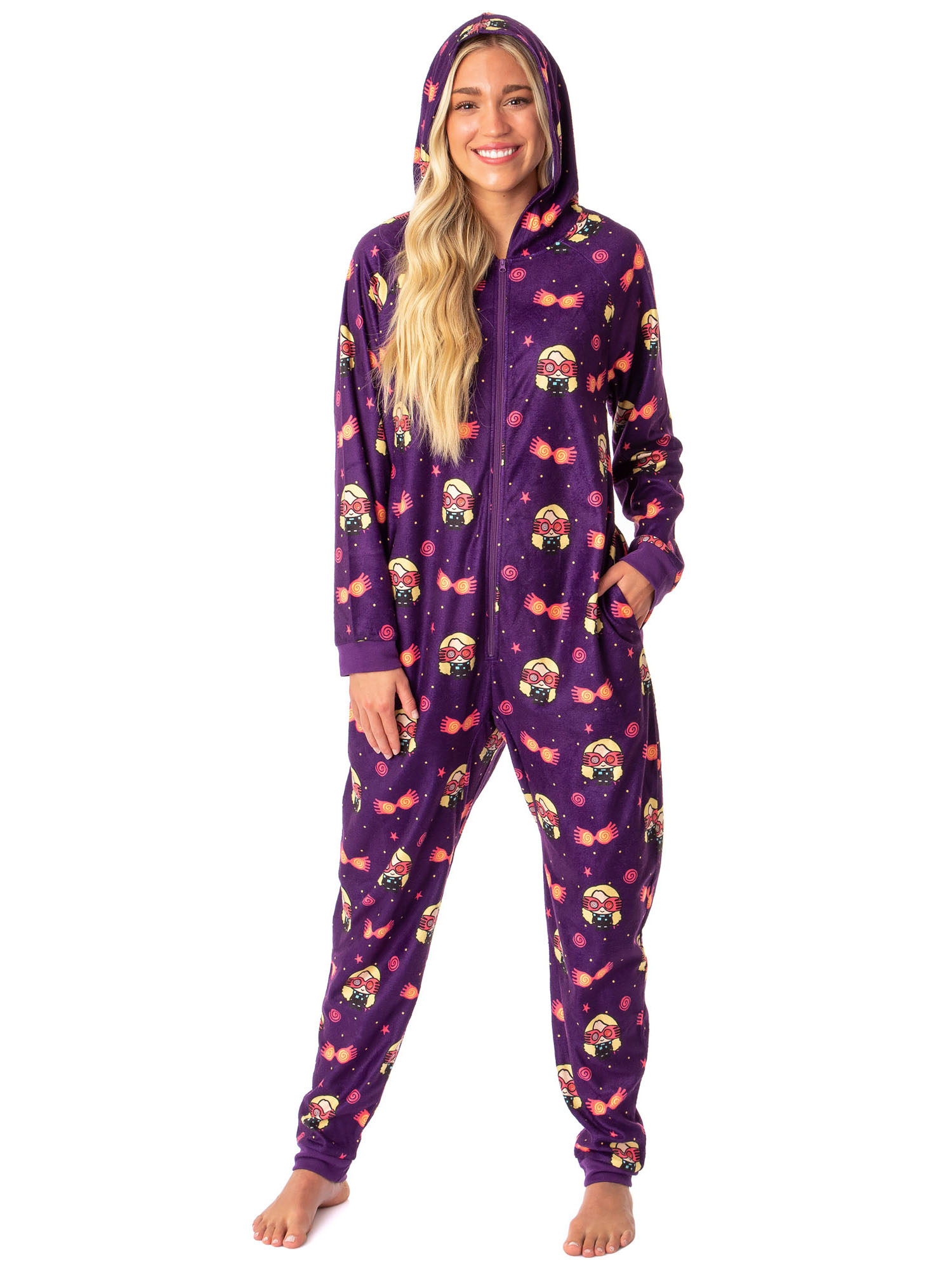 Harry Potter Womens' Luna Lovegood Chibi Footless Sleep Hooded One-Piece Union Suit Pajama Lounge