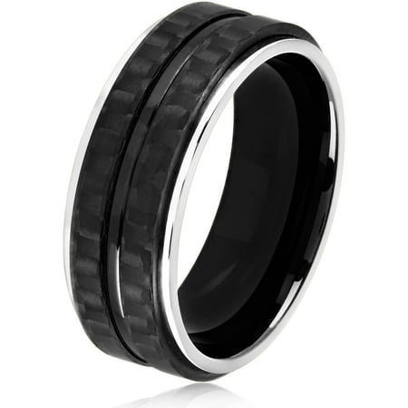 Crucible Polished Stainless Steel Carbon Fiber Grooved Comfort Fit Ring (7.5mm)