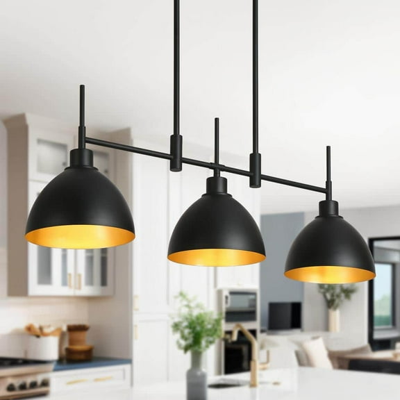Uolfin Industrial Kitchen Island Chandelier 33.3 in. Farmhouse Matte Black and Gold Linear Chandelier with Metal Shades