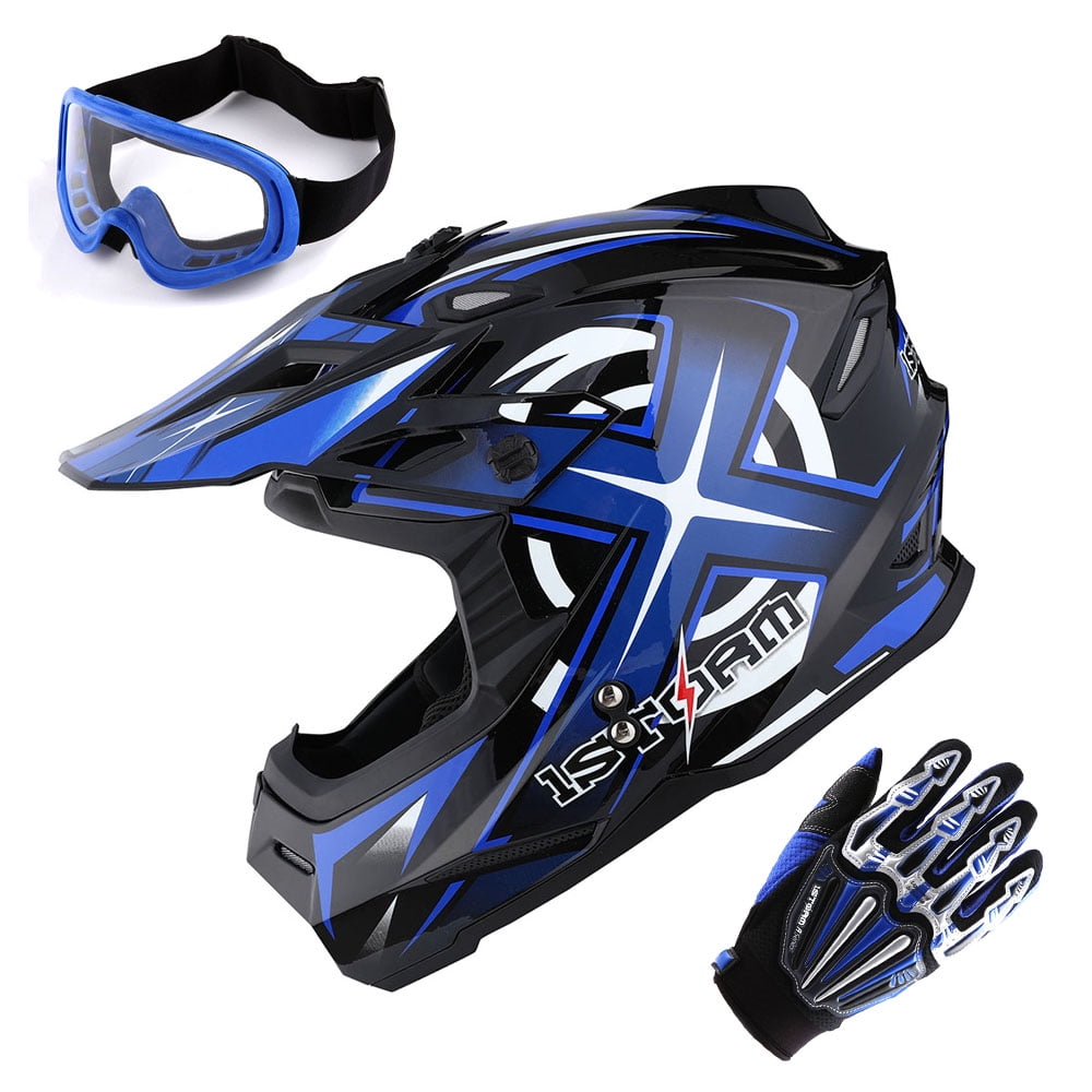 Small Adult Offroad Helmet Goggles Gloves Chest Protector GEAR COMBO Motocross ATV Dirt Bike BLUE 