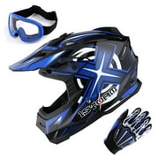 1Storm Adult Motocross Helmet BMX MX ATV Dirt Bike Helmet Racing Style HF801 + Goggle + Gloves Bundle; Sonic Blue