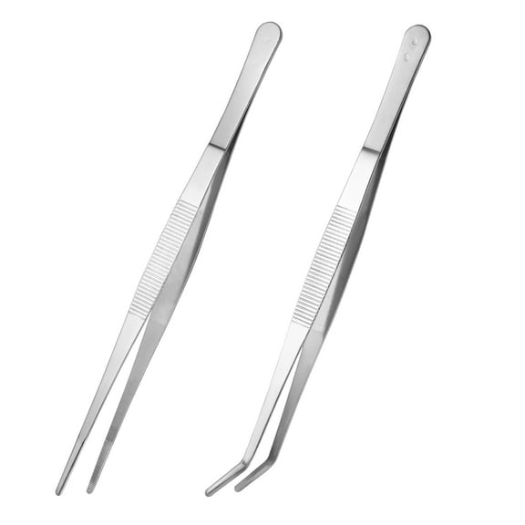 OUNONA 2Pcs Stainless Steel Angled Feeding Tweezers Set for Home Use with Straight and Curved Tips