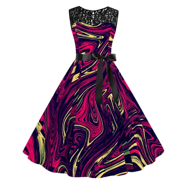 EQWLJWE Robe Longue pour Femmes Robe d'Été Imprimée Rétro Sans Manches avec Panneau en Dentelle, Col Rond, Ourlet à la Taille, Robe Évasée avec Ceinture