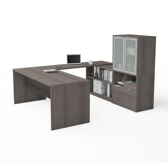 Bestar i3 Plus U Shape Computer Desk with Hutch in Bark Gray