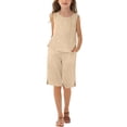 thumbnail image 2 of UACY Girls Linen Set 2 Piece Outfits Sleeveless Camisole Elastic Waist Knee Wide Leg Shorts Summer Outfit (Khaki, 9-10 Years), 2 of 7
