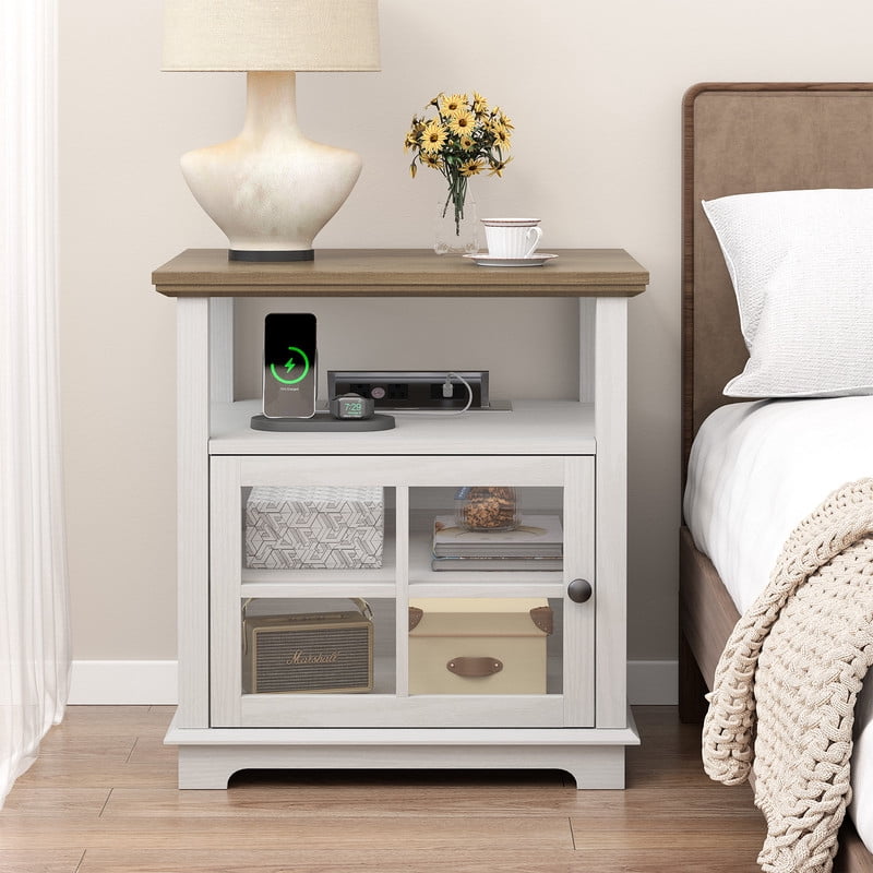 Plamle 24 Inch End Table with Charging Station, Nightstand with USB Ports & Outlets, Storage Side Table with Adjustable Shelf & Glass Door for Bedroom Living Room, Wood Finish