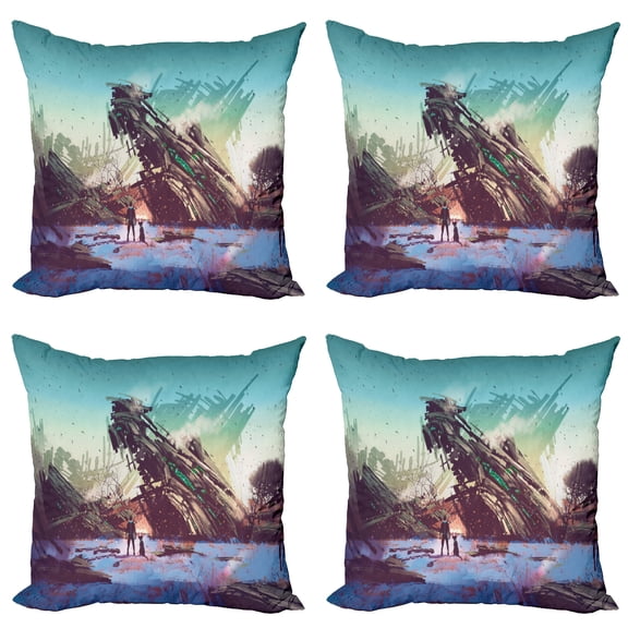 Ambesonne Fantasy Throw Pillow Cover 4 Pack, Crashed Spaceship Art, 24", Blue Green