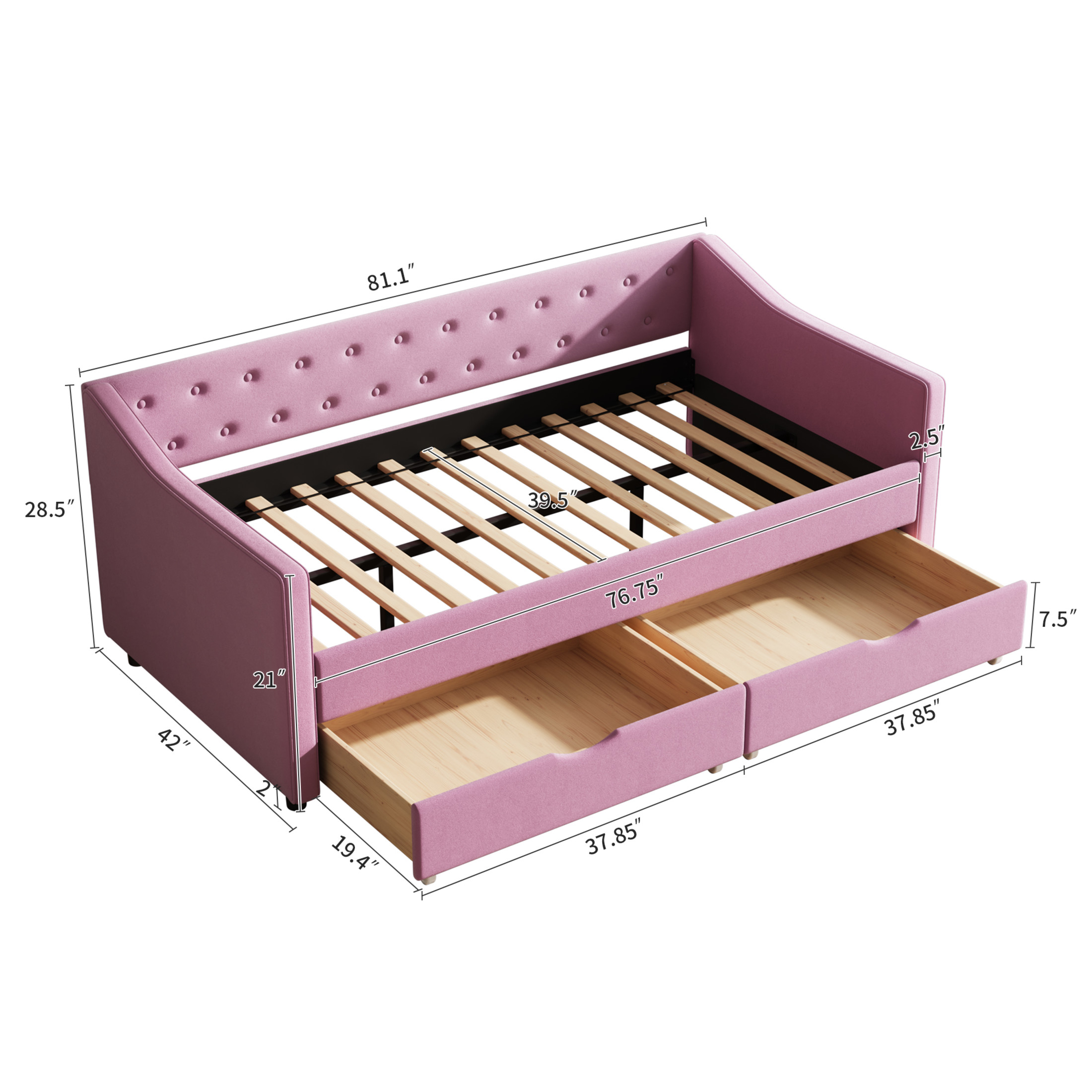 Noble House Mabel Twin Size Daybed with Drawers, Tufted Linen Sofa Bed, Waved Shape Arms, Storage Space, Pink