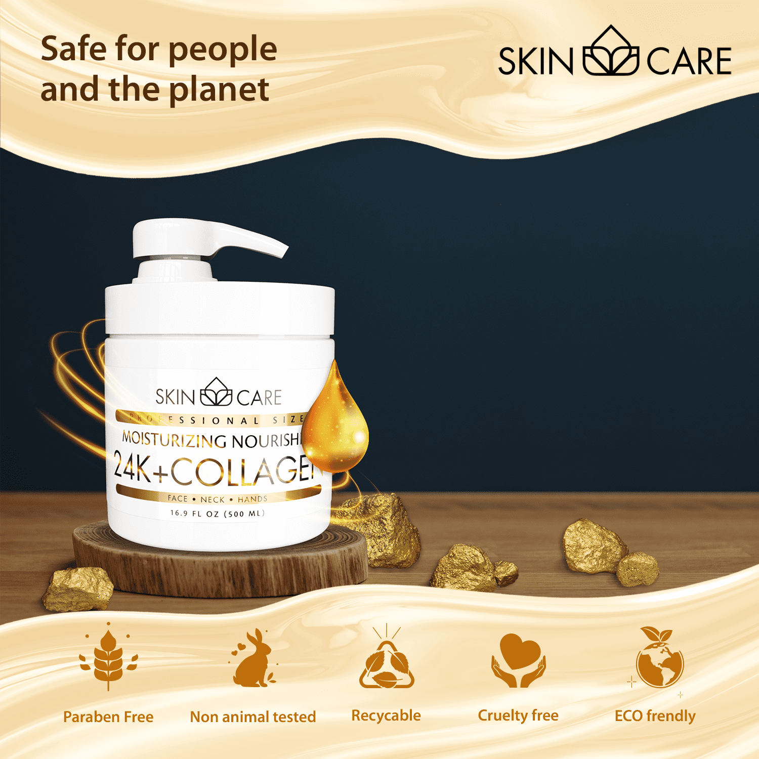 Skin Care 3-in-1 24K Gold & Collagen Moisturizing Cream for Face, Neck and Hands - Delicate and Easily Absorbed Daily Cream for All Skin Types - 16.9 fl. oz.