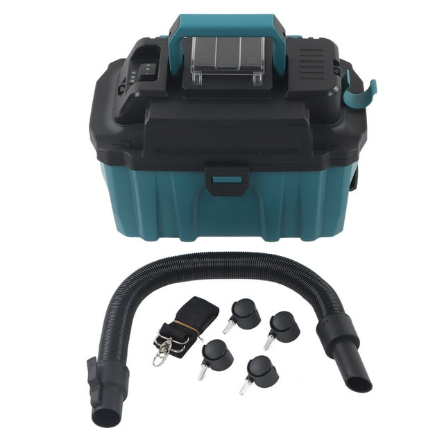 aspiradora inalámbrica ticfox 10l batería de litio 21v húmedo y seco — unidad portátil color como muestra la imagen, vista frontal centrada con asa superior y depósito rígido 10L; tapa superior con pestillo, puerto para manguera y panel de controles; accesorios delante: manguera flexible en U, correa y 4 ruedas con pernos. Adecuada para limpieza húmeda y seca en pisos, alfombras y tapicería; también suele usarse para limpieza rápida en viajes o vehículos.