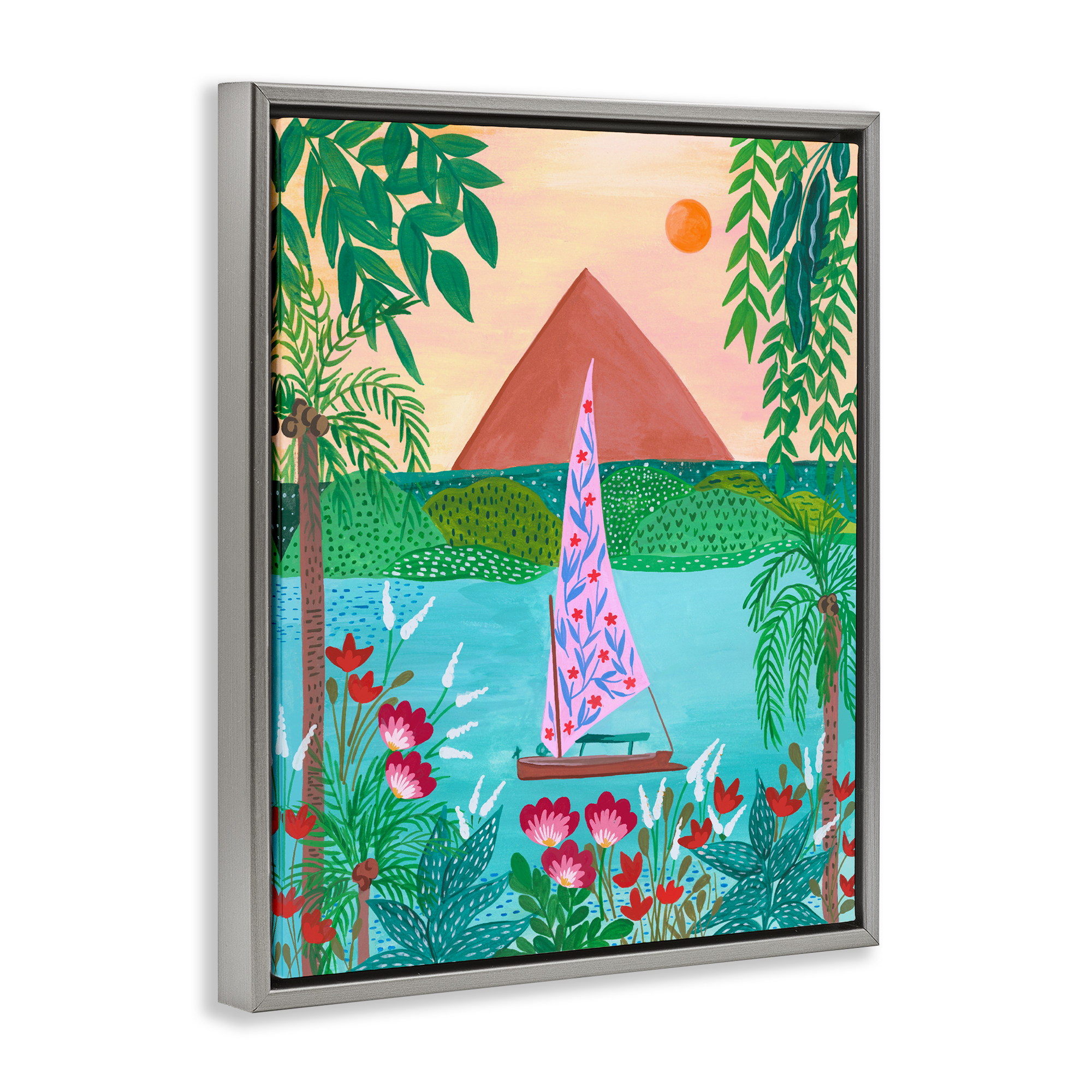 Sailboat on Egypt Nile Gray Framed Floater Canvas Wall Art, design by Nabeela Rumi