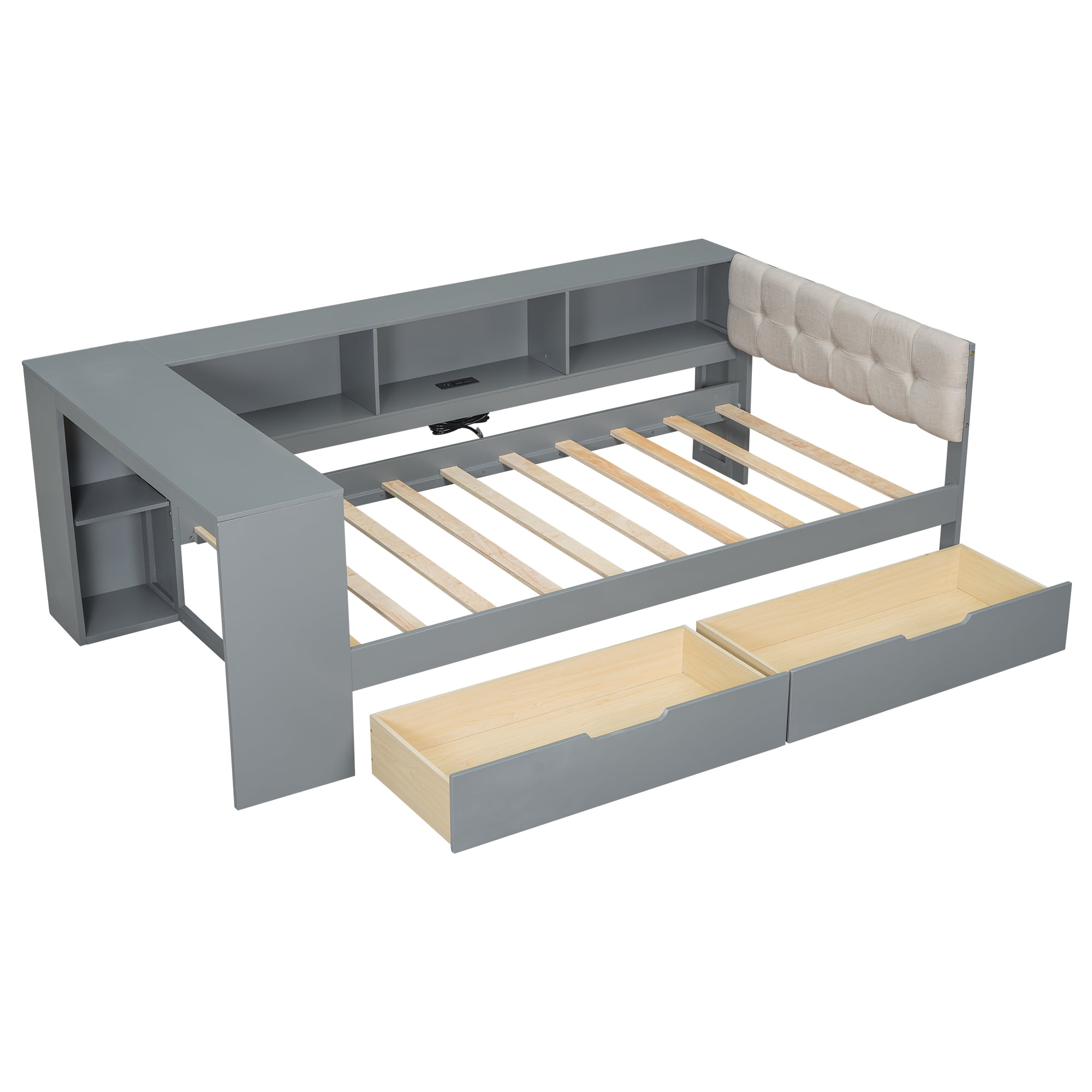 Euroco Wood Twin Size Platform Bed with Desk and Shelves, Drawers and USB Charging for Kids, Gray
