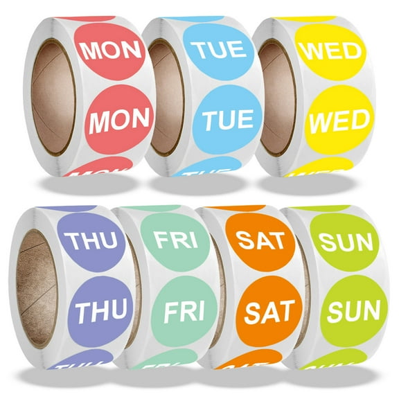Day of The Week Labels, Removable Peel Tab for Inventory Management, Colorful Clothing Size Stickers, 1 Inch Round Self Adhesive Apparel Labels, High Quality Material