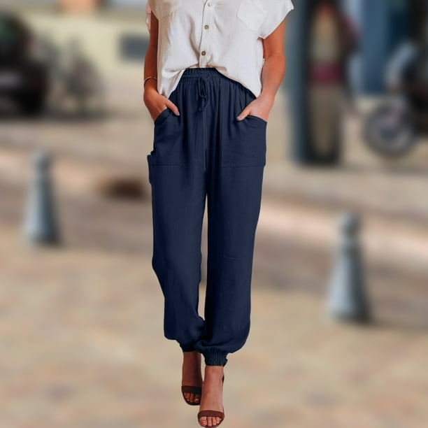 Pantalones Anchos Pantalones holgados para mujer Pantalones básicos con cordón Cintura elástica Color sólido Traje diario Cgtredaw Azul Marino L para Mujer