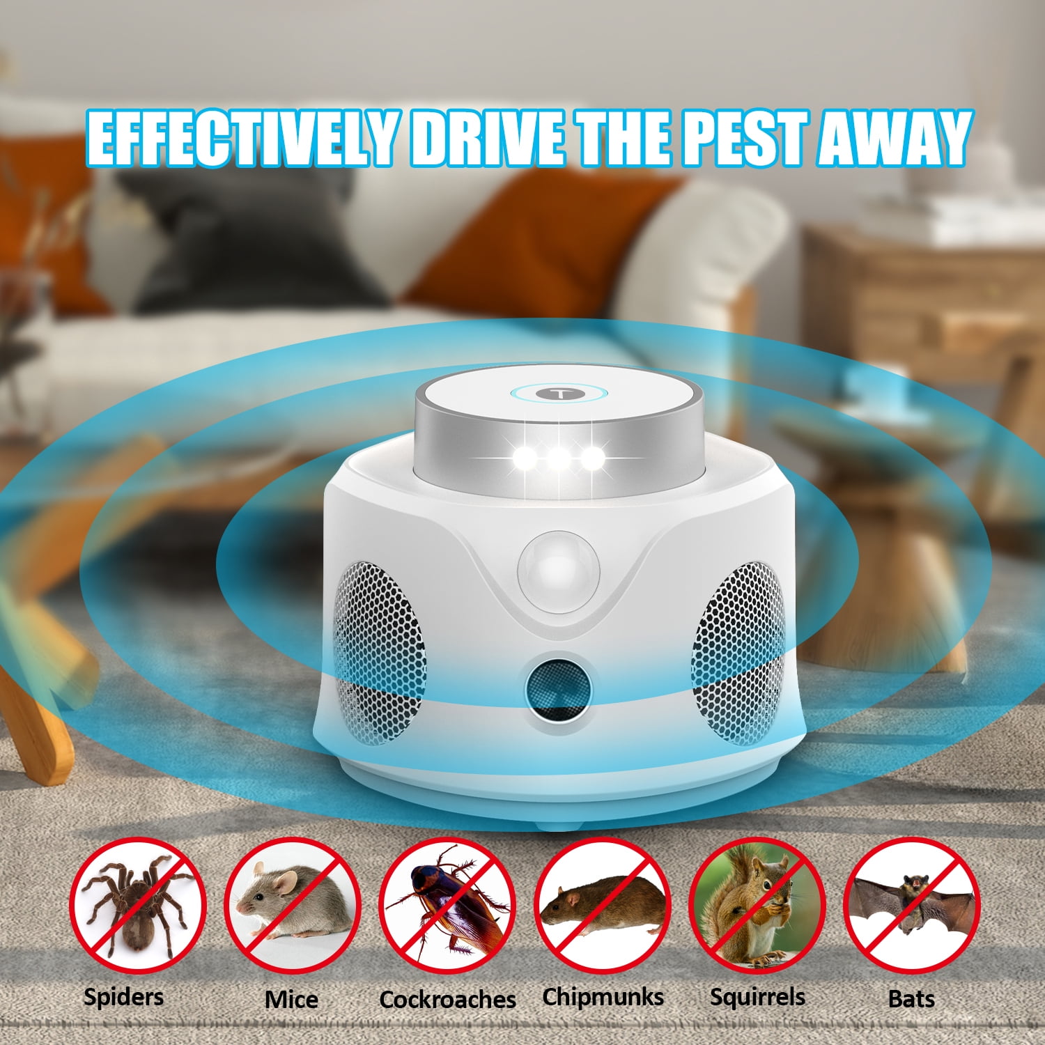 T Ultrasonic Rodent and Squirrel Repellent with Ultrasound Waves and LED Strobe Lights, Safe for Kids and Pets