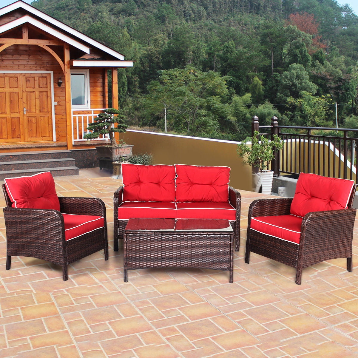 Costway 4 PCS Outdoor Patio Rattan Wicker Loveseat, 2 Single Sofas And 1 Tea Table by Costway