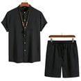 thumbnail image 2 of Mikilon Mens Trendy Outfits 2-Piece Set Short Sleeve Blouse Pants Solid Color Button Elastic Waist Drawstring Collar Shirt Set Fashionable Comfort Short Sleeve Lapel Set Black S, 2 of 3