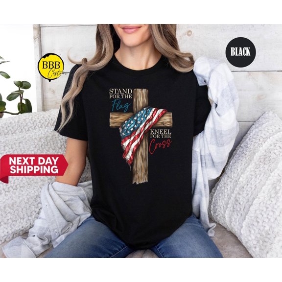 LOVETEE Stand For The F.lag Shirt: Kneel For The Cross Tee, Christian American Gift, Navy S